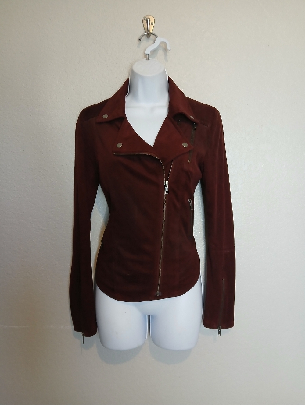 William Rast Wilde Moto Jacket Faux Suede Asymmetrical Zipper Fitted Butgundy